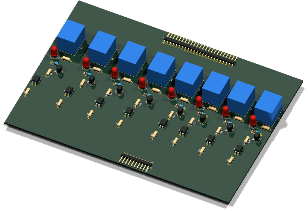 KiCad 3D render of the 8-channel opto-isolated relay board