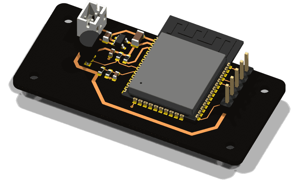 KiCad 3D render of the custom thermostat PCB with ESP32-WROOM module